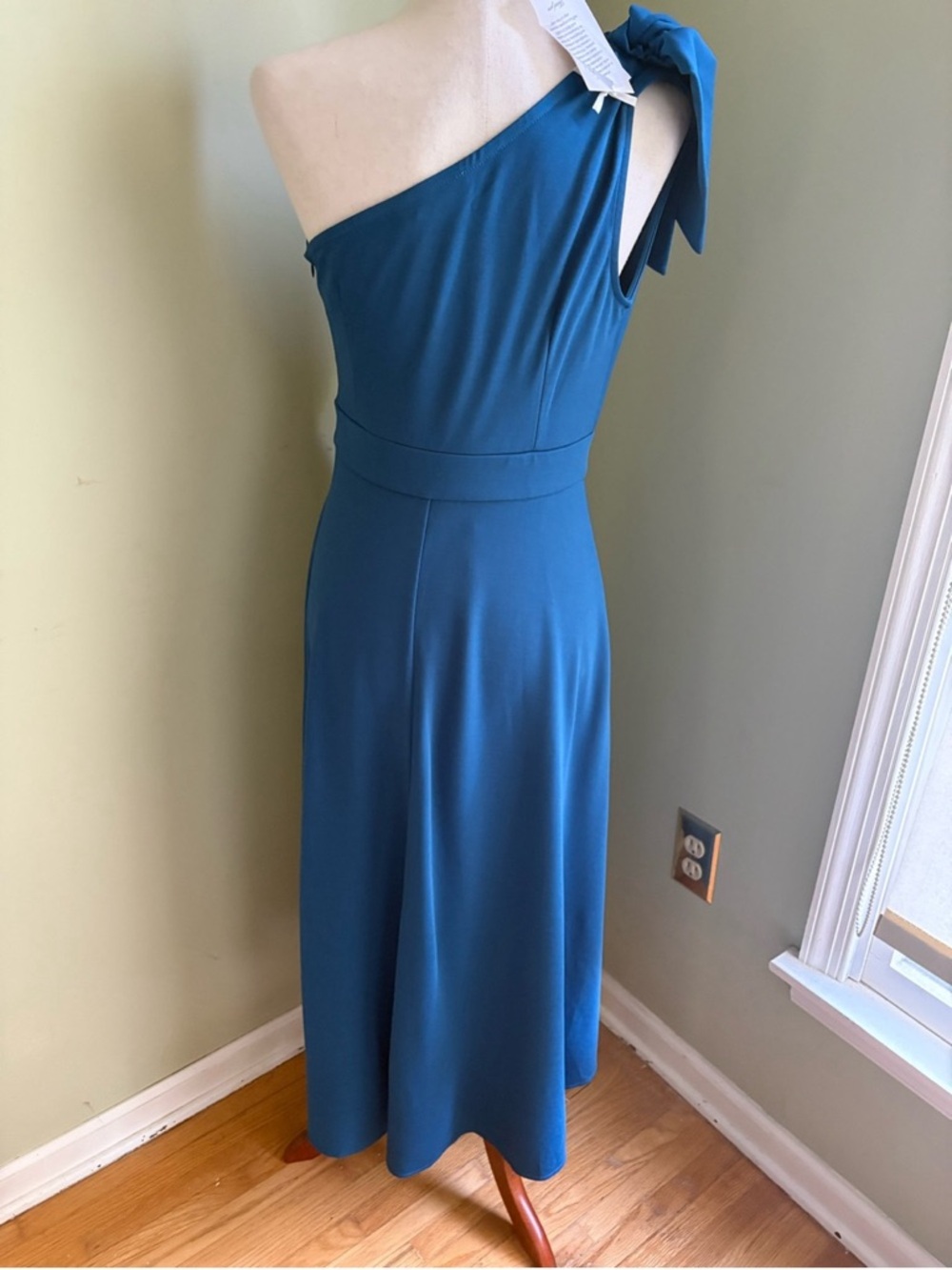 One-Shoulder Teal Midi Dress with Bow